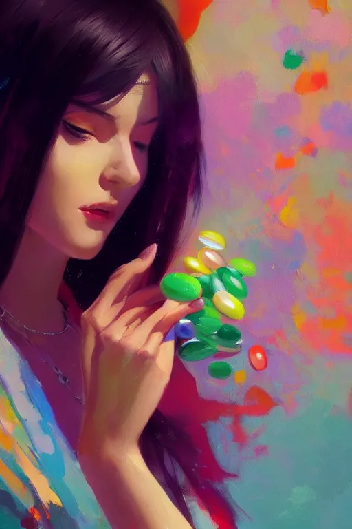 Image similar to a ultradetailed beautiful panting of a stylish woman, she is holding a bunch of colorful pills in her hand, high angle shot, oil painting, by ilya kuvshinov, greg rutkowski and makoto shinkai