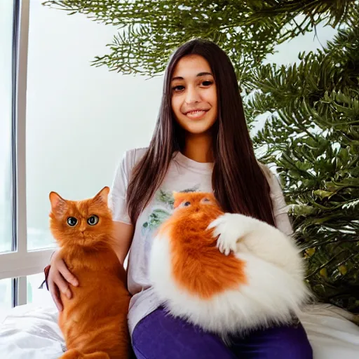 Image similar to portrait photo of a slim girl with 1 0 year old, light brown hair, brown eyebrows, brown eyes, pretty eyelashes, holding an orange persian cat sitting in a queen size bed, daylight from big window with an araucaria tree outside, green and light purple flowers wallpaper