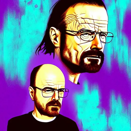 Prompt: walter white mounting jesse pinkman, and a purple coloured leather jacket, one side haircut, long brown hair with light blue ends, portrait, hyperdetailed, artstation, cgsociety, synthwave by tangerine dream, by jean - michel jarre, by vangelis, by john carpenter