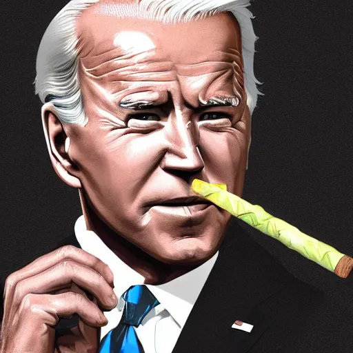 Image similar to joe biden smoking a rolled marijuana joint, amazing detail, digital art, artstation