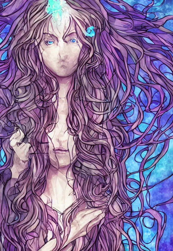 Prompt: eldritch spirit wearing stained glass, clear sky background, cell shading ambient occlusion, luminous, concept character art, long hair, pastel pallette, detailed eyes
