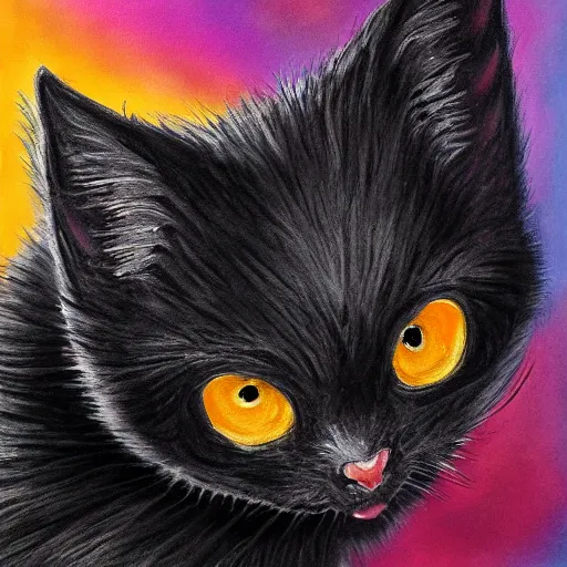 Prompt: cute fluffy bat with black cat face with big gold eyes hybrid animal detailed painting 4 k