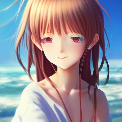 Image similar to beautiful serene intricate very detailed portrait of a realistic anime girl taking a selfie, smiling softly, wearing casual clothes, relaxing on the beach, golden hour, soft focus, 8 k, art by irakli nadar, hyperrealism, hyperdetailed, ultra realistic