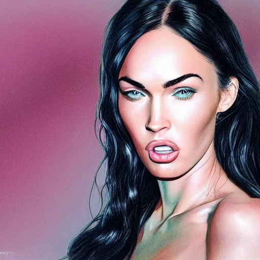 Image similar to megan fox sticking her tongue out. hyperrealistic portrait, photo realistic, poster, artstation, volumetric lighting, digital art, very detailed face by magali villeneuve