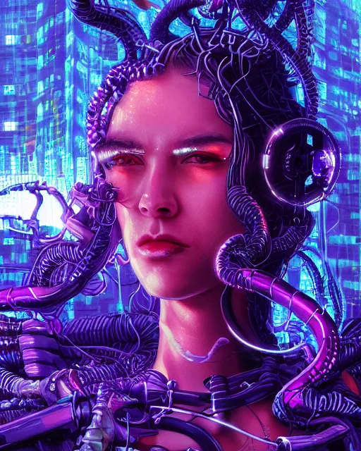 Image similar to a cyberpunk close up portrait of cyborg medusa, electricity, snakes in hair, sparks, bokeh, soft focus, purple, blue, sunny sky, by paul lehr, jesper ejsing