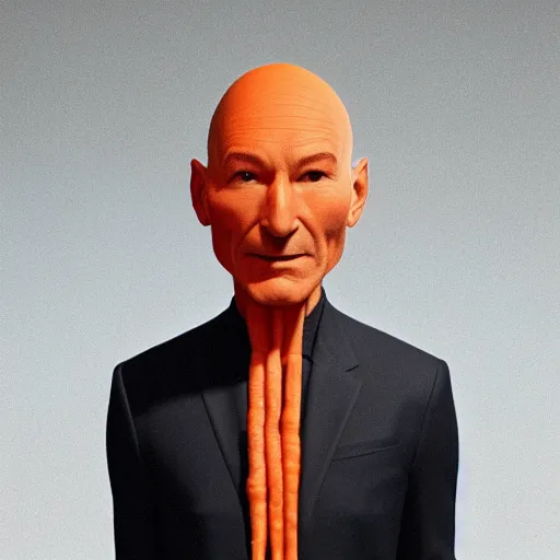 Image similar to hyperrealistic film still of patrick stewart fused with a carrot, tall carrot body, stunning 3 d render, inspired by istvan sandorfi & greg rutkowski & unreal engine, perfect symmetry, dim volumetric cinematic lighting, 8 k octane comprehensive render, extremely hyper - detailed, incredibly lifelike attributes, intricate, real flesh texture, masterpiece, artstation, stunning,