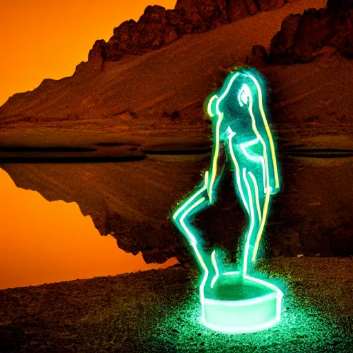 Image similar to 4 k polaroid wide angle photo of a glowing giant steel shiny reflective woman statue dancing, half submerged in water, in a desert oasis lake, at dusk, with neon lighting