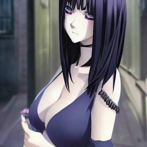 Image similar to 1 7 - year - old anime goth girl, black hair, long bob cut, long bangs, gothic coat, holding, shibuya street, blue sunshine, strong lighting, strong shadows, vivid hues, raytracing, sharp details, subsurface scattering, intricate details, hd anime, very - high - budget anime movie, 2 0 2 1 anime