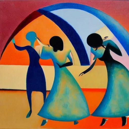 Prompt: two Russian Women in the moonlight dancing by the ocean , high quality art in the style of cubism and georgia o’keefe,