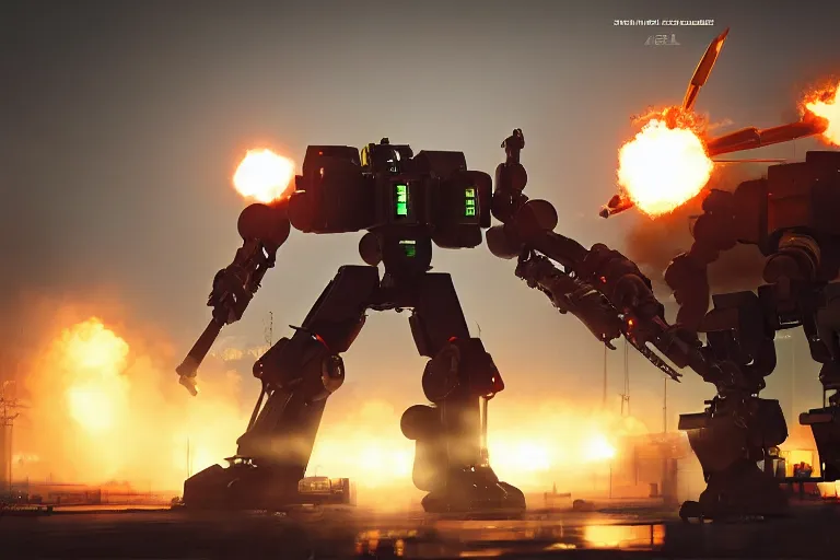 Image similar to six meter tall mech firing a minigun in a city, action scene, battlesuits fight, unreal engine screenshot, action game, octane render, trending on artstation