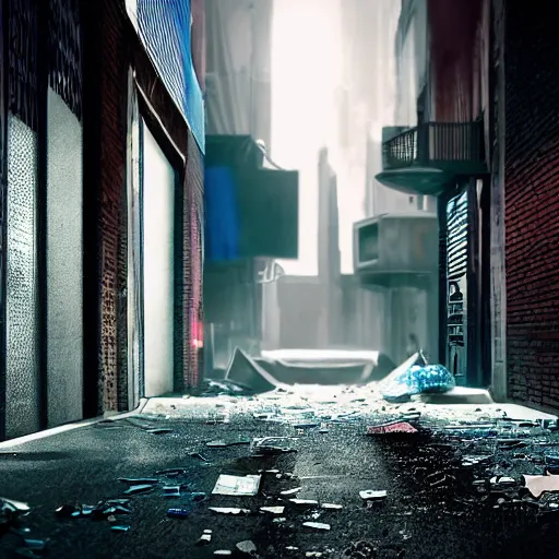 Image similar to a cinematic frame of a dead end alleyway in a futuristic dystopian city, night time, littered with garbage, cold blue lighting, brutalist architecture, damp, cityscape, vanishing point perspective