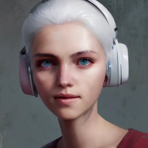 Image similar to a white haired girl wearing earmuffs with bionic eyes, digital art, 8 k resolution, unreal engine, highly detailed, pretty face, very beautiful face, very detailed eyes, photorealistic by wlop, greg rutkowski