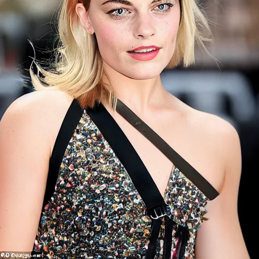 Image similar to a woman who is a genetic combination of margot robbie and emma watson face and upper - body focus