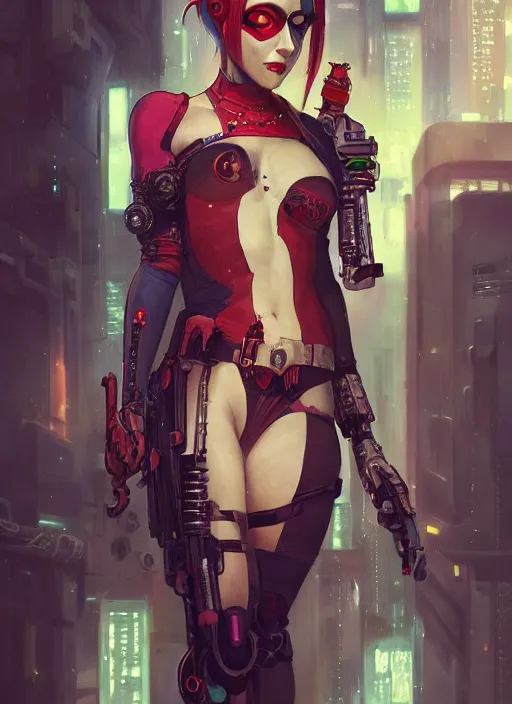 Image similar to a beautiful illustration of cyberpunk harley quinn with pointy ears, intricate, sharp focus, illustration, highly detailed, digital painting, concept art, matte, art by wlop and artgerm and greg rutkowski and alphonse mucha, masterpiece