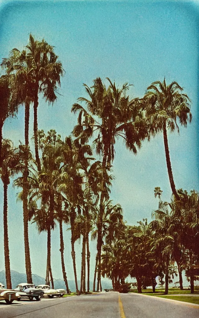 Prompt: california 1 9 5 0, road along the sea, palm trees in a row, vintage cars, retro, vintage, pastel colors, realistic photo, polaroid
