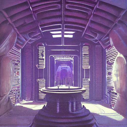 Prompt: painting of a syd mead scifi ancient civilzation interior engine room, purple sun, hr giger, beksinski
