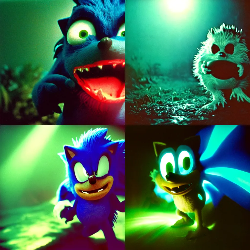 Prompt: ektachrome medium format provia film still of a sonic the hedgehog blue swamp creature with fangs and claws, faded glow, anomorphic lens flare, creepypasta