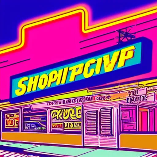 Image similar to chromatic, synthwave, 80's shop in a synthwave city