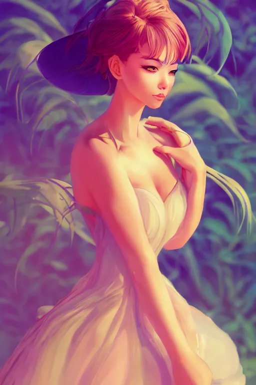 Image similar to a beautiful fashion goddness of love, chic strapless dress, tropical sea background, character design, in the style of artgerm, and wlop, cinematic lighting, hyperdetailed, 8 k realistic, symmetrical, global illumination, radiant light, frostbite 3 engine, cryengine, dof, trending on artstation, digital art