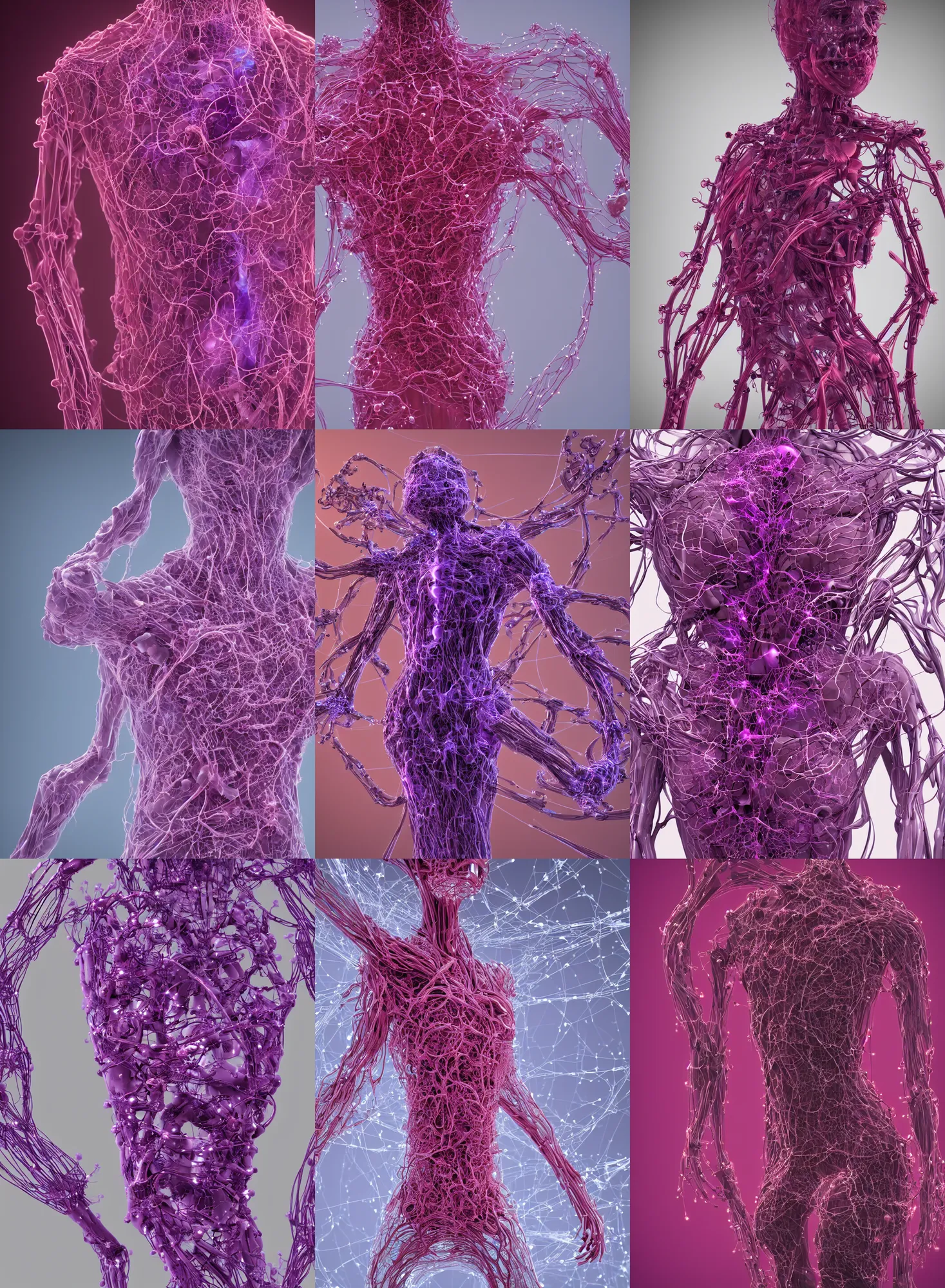 Prompt: techno-biological dress liquid complex structure on his surface, cyber biopunk inflateble shapes, rosebuds, capillaries, veins, muscles, bones, thin pipes, wires, extremely high detail, cinema 4d cinematic , glowing purple, vibrant red