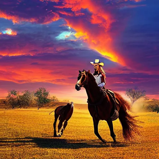 Image similar to a dodgy cowgirl wrangles her horse in a dusty old town in the old west, jumpy horses in the nearby hills, a sunset over the range, digital art