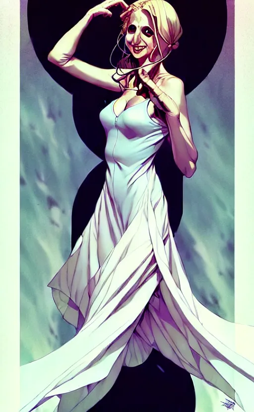 Image similar to artgerm, joshua middleton comic cover art, pretty ghost sarah michelle gellar entire full body, floating, creepy smile, white dress, friendly, symmetrical eyes, symmetrical face, long white hair, inside haunted house