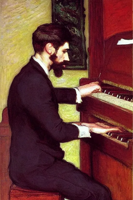 Image similar to attractive man playing piano, painting by tom of finland, john william waterhouse, claude monet