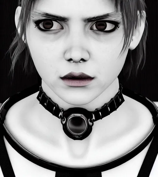 Image similar to detailed realistic female character cyberpunk wearing thick steel collar around neck, realistic, art, beautiful, 4K, collar, choker, collar around neck, punk, artstation, detailed, female, woman, choker, cyberpunk, neon, punk, collar, choker, collar around neck, thick collar, tight around neck, punk, choker, collar, steel collar,