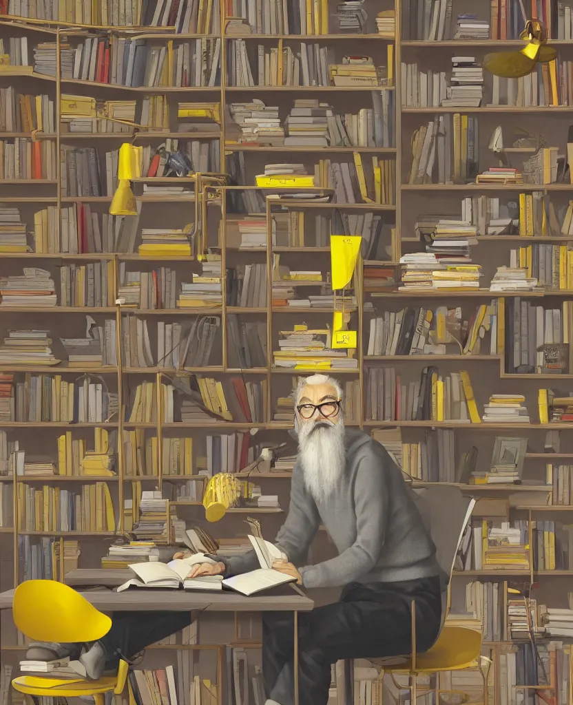 Image similar to Middle-aged professor with a short gray beard and short spiky hair wearing a yellow sweater sits at desk in his study with a expansive bookshelf crammed with books in the background, hyperrealistic, portrait, concept art, illustration, 8k, artstation, digital painting