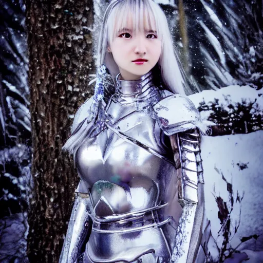 Image similar to portrait focus of knight beautiful 3 d anime girl!! silver frozen ice armor wearing!! dark forest background snowing, bokeh, inspired by masami kurum