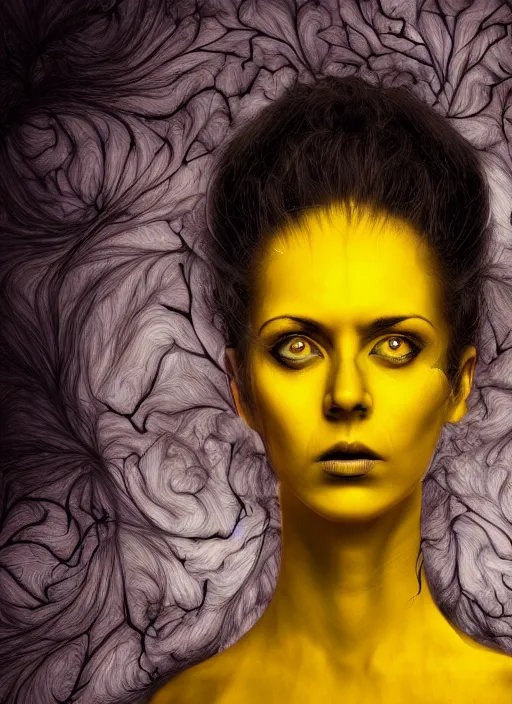 Prompt: dramatic yellow matte portrait painting of woman with black mandelbrot fractal instead of face, horror, body horror, dark art, 4 k, detailed, realistic, psychotic, insane, crazy, mental illness, dramatic,