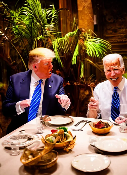 Image similar to Trump and Biden having dinner at a fancy Balinese restaurant, award winning photography, sigma 85mm Lens F/1.4, perfect faces