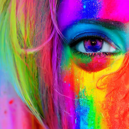 Prompt: woman crying rainbow paint, photography, ultra realistic, hd