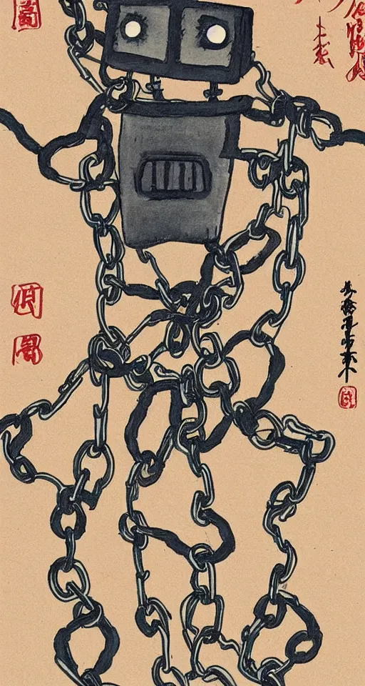 Image similar to a robot hanging by his feet in chains upside down peacefully, beautiful coloured Japanese ink painting inspired by the hanged man tarot card, sharp lines