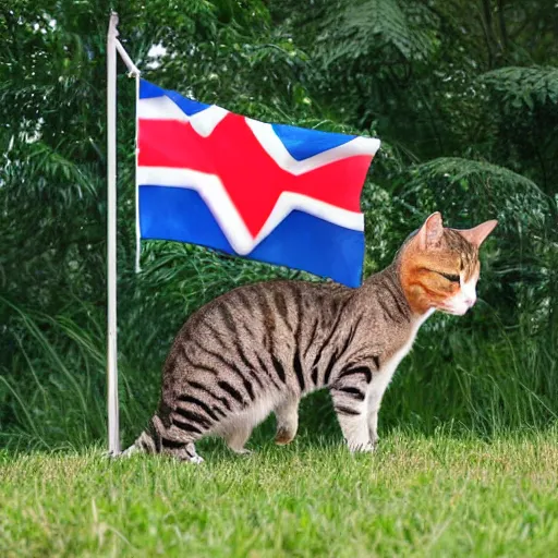 Prompt: a small cat warrior with his national flag riding a large cat steed