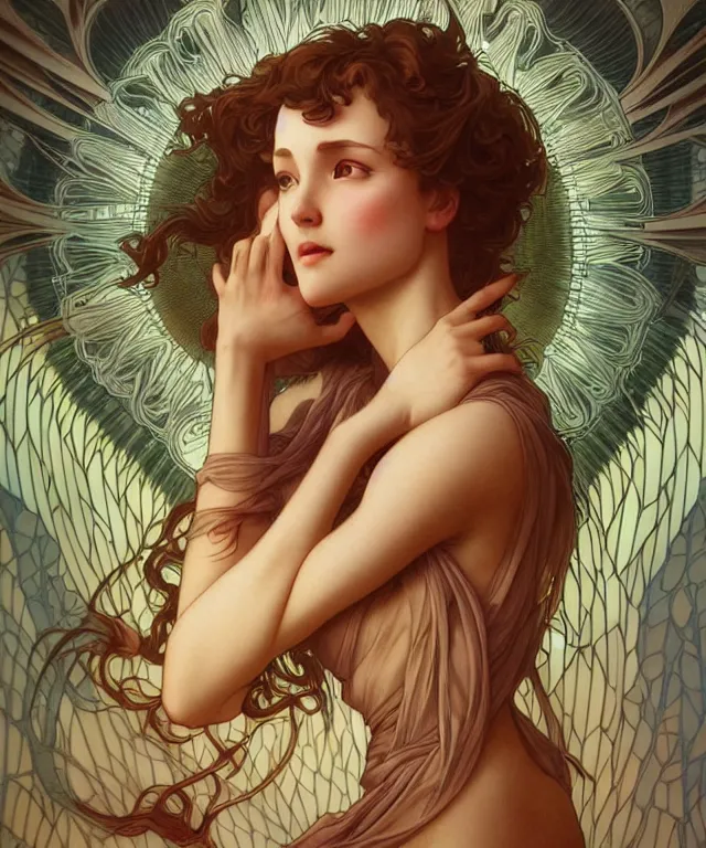 Image similar to beatiful woman is seeing an angelic version of her self, dark surrealism , scifi, intricate, elegant, highly detailed, artstation, concept art, smooth, sharp focus, illustration, art by artgerm and moebius and alphonse mucha