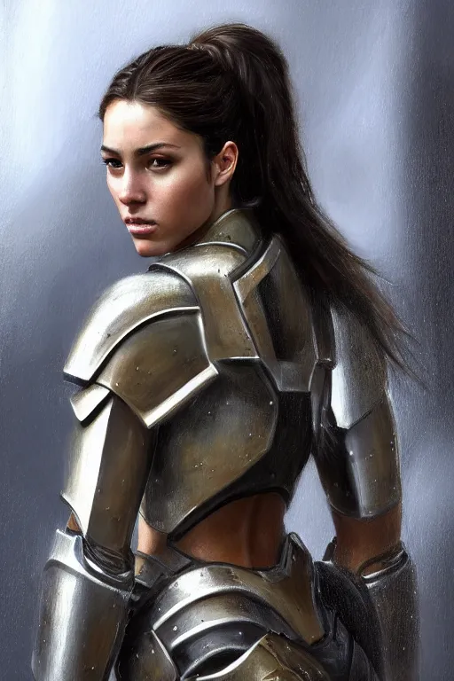 Image similar to a sharply detailed, photorealistically painted portrait of an attractive young female, partially clothed in sci-fi battle armor, with an abstractly painted background, flawless olive skin, fair complexion, long dark hair, beautiful bone structure, perfectly symmetric facial features, perfect photorealistic eyes, natural physique, intricate, elegant, digital painting, concept art, finely detailed, beautifully illustrated, sharp focus, minimal artifacts, volumetric lighting, from Halo, by Ruan Jia and Mandy Jurgens and Artgerm and William-Adolphe Bouguerea, in the style of Greg Rutkowski, trending on Artstation, award winning art