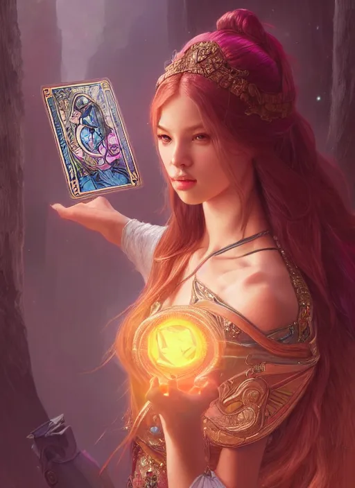 Image similar to jossi of blackpink, deep focus, tarot card, fantasy, intricate, elegant, highly detailed, digital painting, artstation, concept art, matte, sharp focus, illustration, hearthstone, art by artgerm and greg rutkowski and alphonse mucha