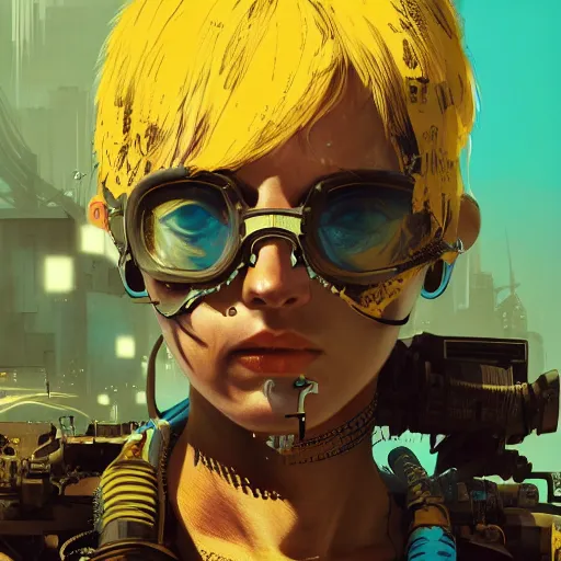 Prompt: highly detailed portrait of a post-cyberpunk young lady by Akihiko Yoshida, Greg Tocchini, 4k resolution, mad max inspired, yellow, black, brown and cyan color scheme