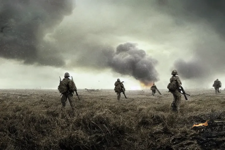 Prompt: desolate battleground, multiple soldiers on the ground!, thick dark smoke!, vehicles on fire, heavy rain from thick clouds, storm, (mushroom cloud) in the background, bleak, melancholy atmosphere, band of brothers, 4k artwork by Gregory Crewdson and Grzegorz Domaradzki and Ivan Shishkin and Jakub Rozalski