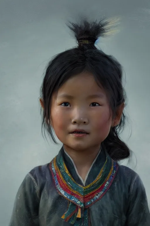 Image similar to Tibetan little girl, joyful, close-up portrait, intricate, elegant, volumetric lighting, scenery, digital painting, highly detailed, artstation, sharp focus, illustration, concept art, ruan jia, steve mccurry