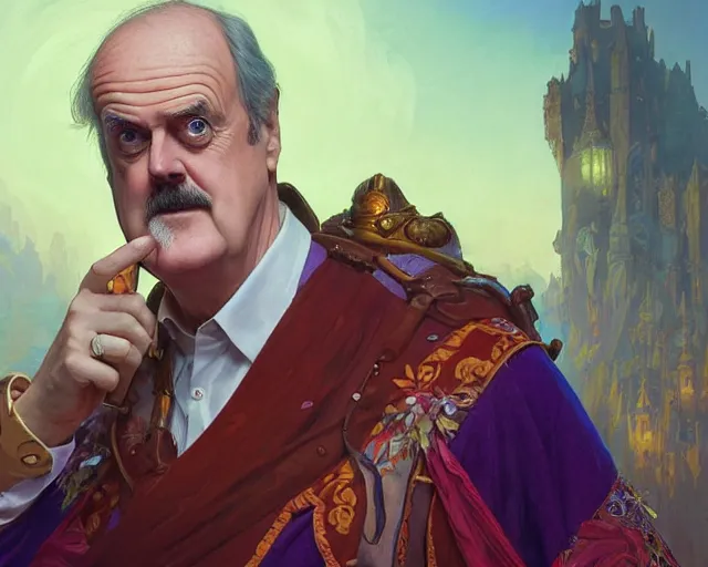 Image similar to john cleese looking totally surprised, photography of kurzgesagt, deep focus, d & d, fantasy, intricate, elegant, highly detailed, digital painting, artstation, concept art, matte, sharp focus, illustration, hearthstone, art by artgerm and greg rutkowski and alphonse mucha