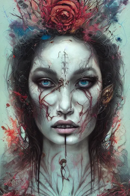 Prompt: dream portrait of the beautiful goddess death,full character, melting ,8k,by tristan eaton,Stanley Artgermm,Tom Bagshaw,Greg Rutkowski,Carne Griffiths, Ayami Kojima, Beksinski, Giger,trending on DeviantArt,face enhance,hyper detailed,minimalist,horror, android, full of colour