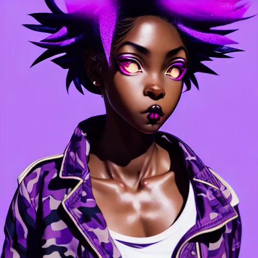 Image similar to portrait of black anime manga girl, boxer punch pose, french bob hair, white hair, wearing camo, purple eyes, by gustave dore, vaporwave colors, lofi colors, vaporwave, lofi, goth vibe, 4 k, smooth, hd, substance designer render, full body character concept art, symmetrical, 2 point lighting,