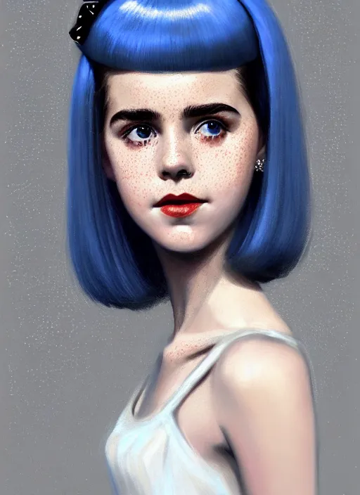 Image similar to portrait of kiernan shipka with freckles, white hair, big 1 9 6 0 s bob hairstyle with bangs and hairband, blue 1 9 6 0 s dress, intricate, elegant, glowing lights, highly detailed, digital painting, artstation, concept art, smooth, sharp focus, illustration, art by wlop, mars ravelo and greg rutkowski