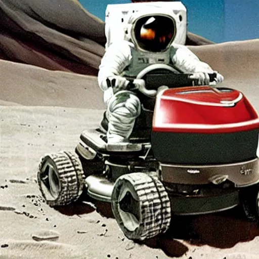 Image similar to photo realistic Hank hill wearing a full suit of armor riding a lawnmower on the moon, Kodachrome photo