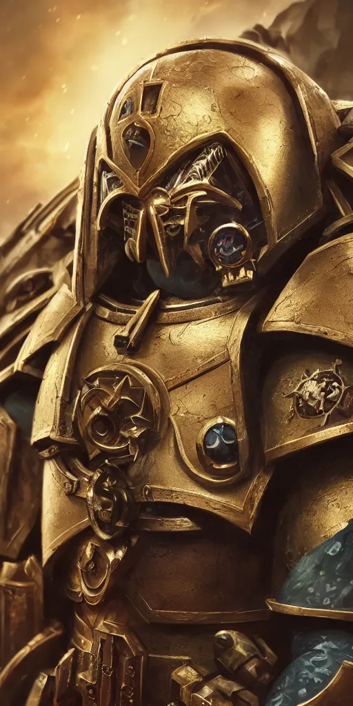 Image similar to warhammer 40k, half-lenght portrait of Emperor of Mankind, beautiful man without helmet, gold armor, beautiful face, long blonde hair, digital art, illustration, fine details, cinematic, highly detailed, octane render