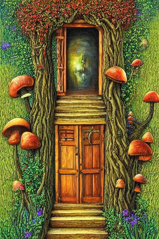 Image similar to digital painting detailed forest tree with door and stairs, magical forest flowers mushrooms painted by Michael Cheval