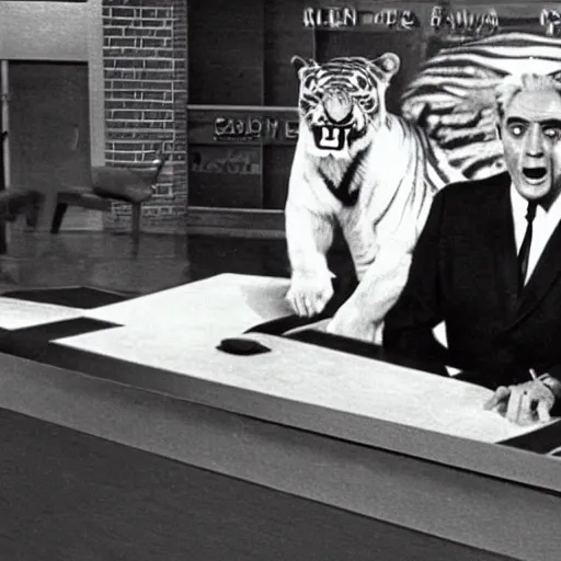 Image similar to 1 9 6 0's news show, a man in a vintage suit sitting behind a silver desk while being attacked by a giant man - eating tiger