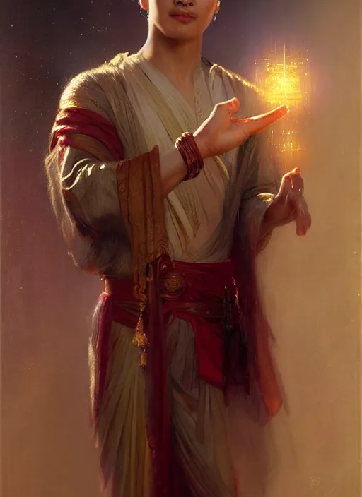 Image similar to young asian man, god of starlight, short flowing hair, modest flowing gown, smug expression, highly detailed painting by gaston bussiere, craig mullins, j. c. leyendecker 8 k, sparkling nebula